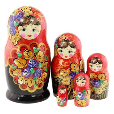 Matryoshka 5 pcs golden leaves red