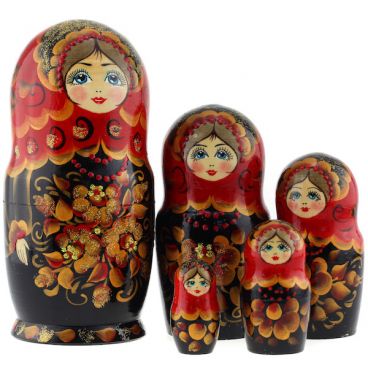 Matryoshka 5 pcs golden bouquet Red shawl