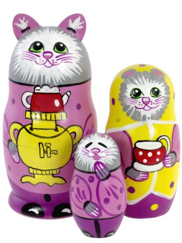 Matryoshka Animal 3 pcs Grey Cat with a Samowar