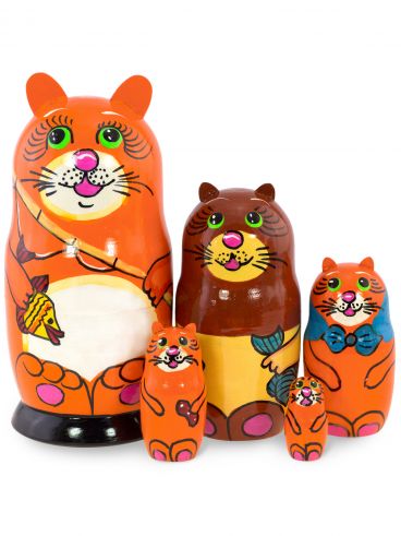 Matryoshka-animal 5 places &quot; Red cat with a fishing rod and fish&quot;