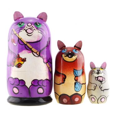 Matryoshka- animal 3  pcs &quot;purple cat with a fishing rod&quot;