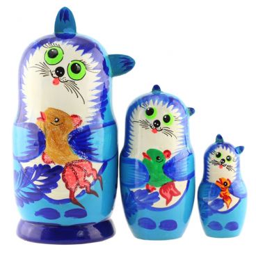 Matryoshka 3 pcs &quot;cat blue with green eyes with fish&quot;