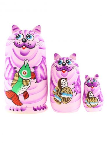 Matryoshka &quot;Cat with fish&quot; pink 3pcs