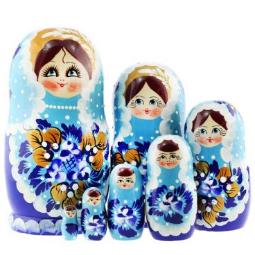 Matryoshka 7 pcs blue with polka dots