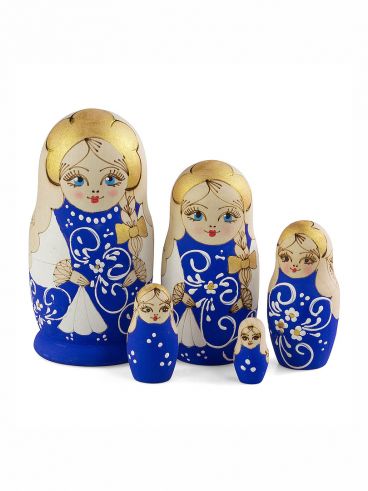 Matryoshka doll in the technique of burning 5 places 10.5 cm blue / souvenir