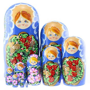 Matryoshka 10 pcs medallion with berries, blue