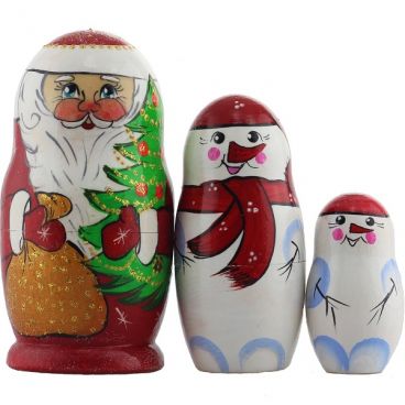 Matryoshka Santa Claus 3 seats red with bag and fur-tree