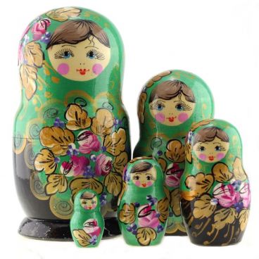 Matryoshka 5 pcs golden leaves green