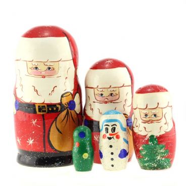 Matryoshka Santa 5 pcs red with blue gloves and bag